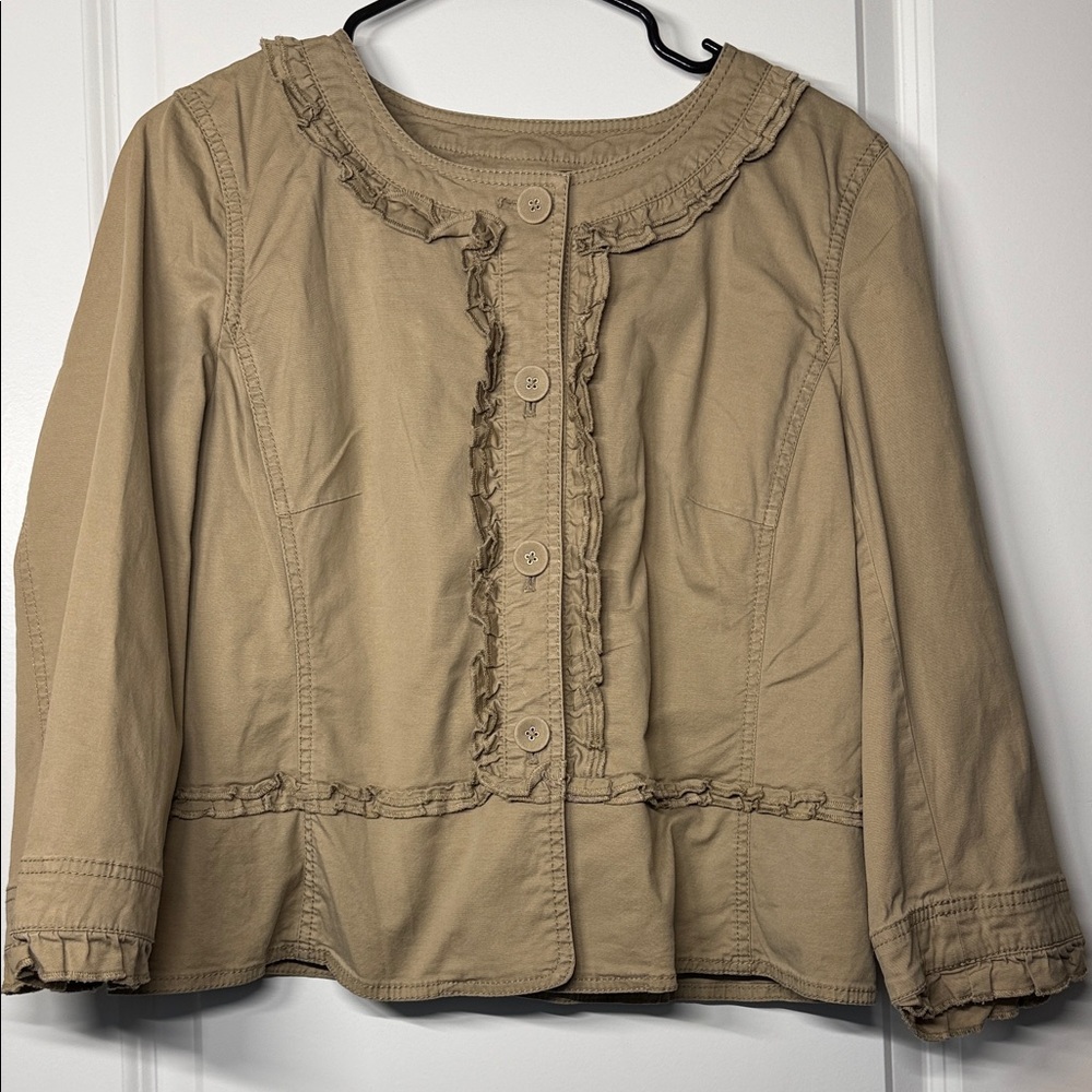 LOFT Khaki Ruffle-Trim Button Jacket
